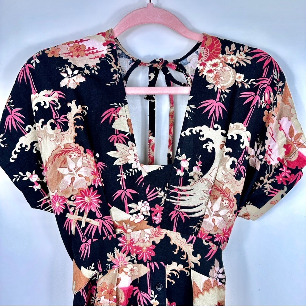 Floral Print Linen Open Back Midi Dress Small prairie cottage earthy‎ neutral - Picture 5 of 11